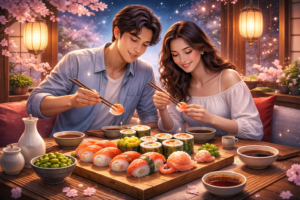 Mladi par jede sushi